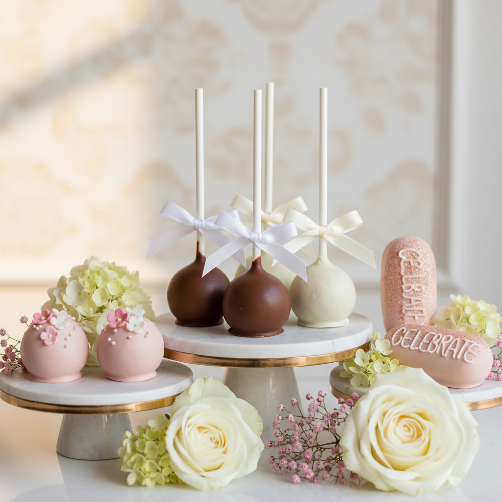 Wedding Elegance Bundle - 9 luxury bridal cake pops with white chocolate, elegant ribbons and pink celebration designs