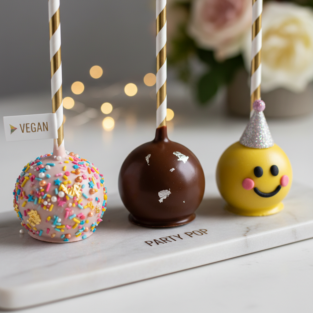 Close-up detail of Party Perfect Trio cake pops showing sprinkles, chocolate coating and party hat decoration