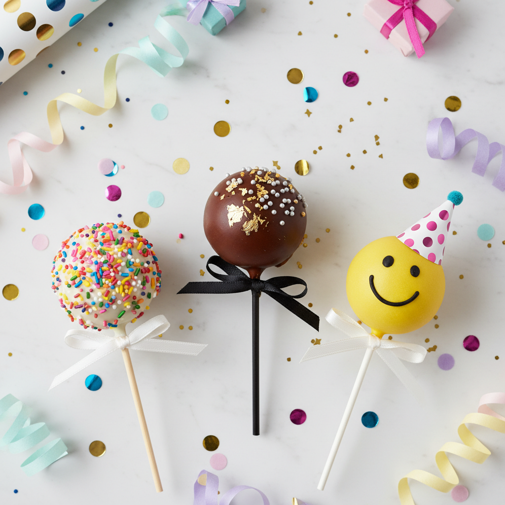Party Perfect Trio cake pops lifestyle shot with celebration confetti and festive styling