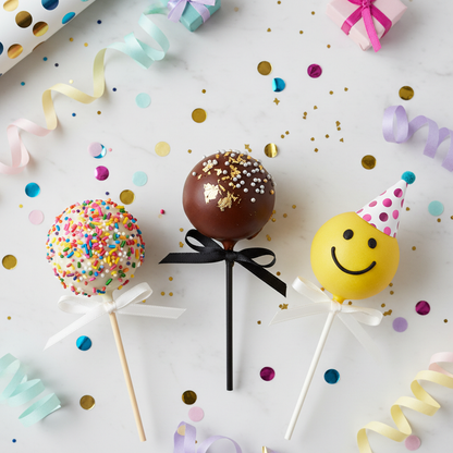 Party Perfect Trio cake pops lifestyle shot with celebration confetti and festive styling