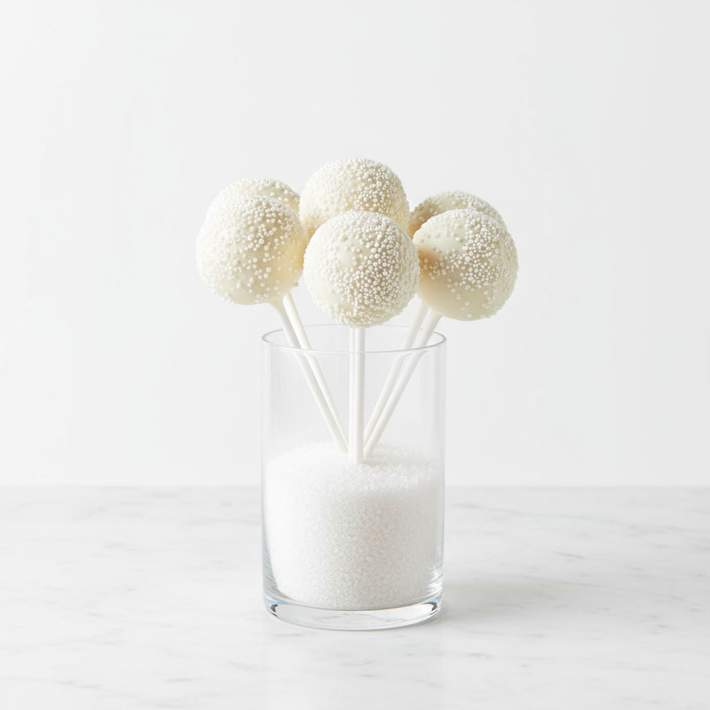 Three white textured ivory cream cake pops in a clear glass on a light gray background
