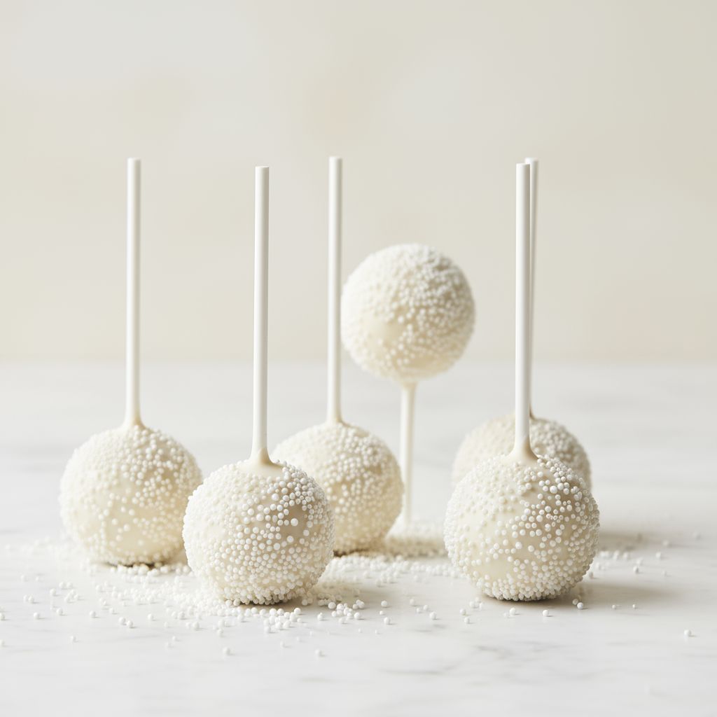 White ivory cream cake pops on sticks with a light background
