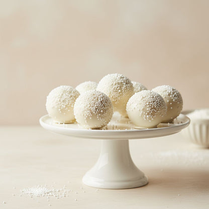 White ivory cream cake pops treats on a decorative stand with a neutral background