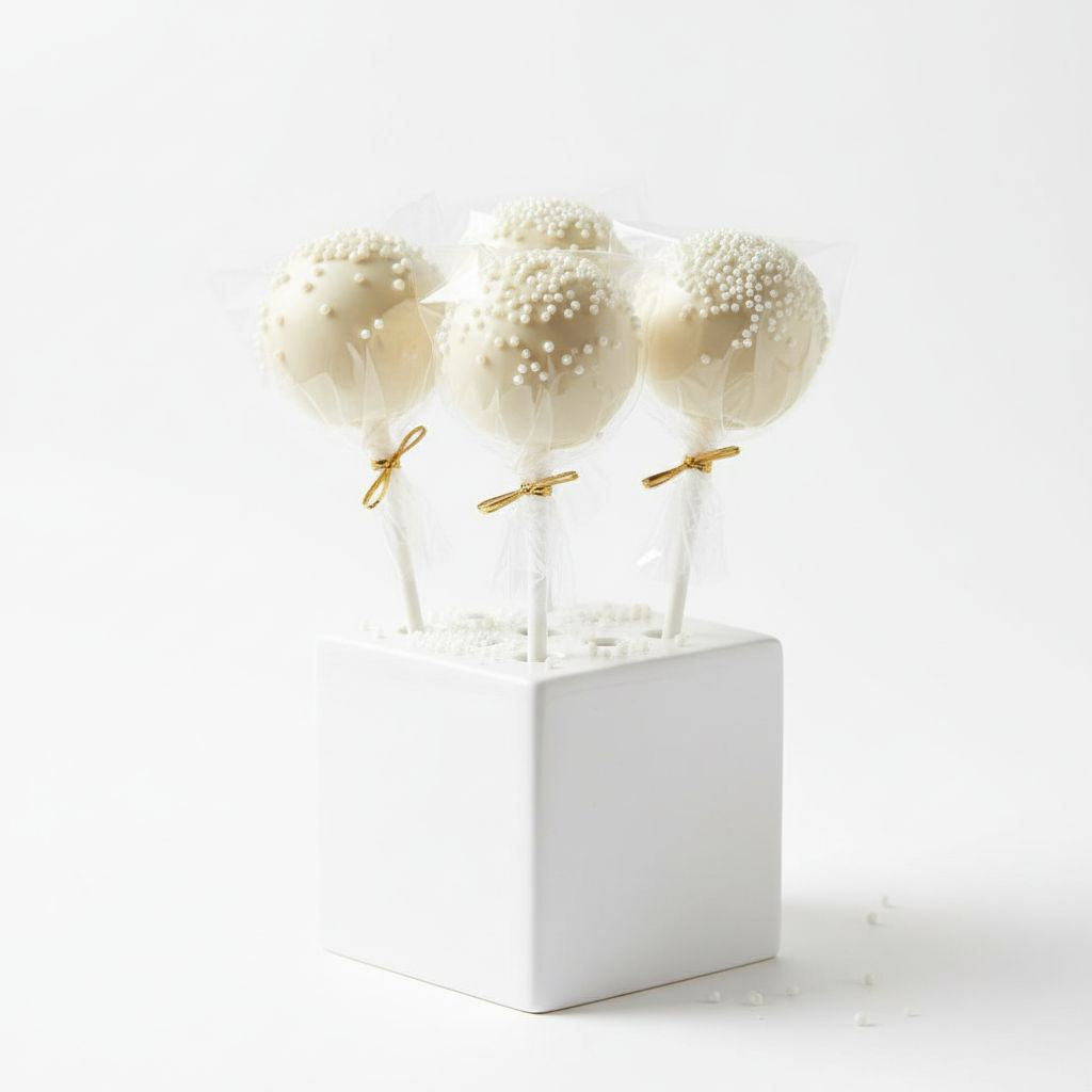 Three white ivory cream cake pops with gold ribbons in a white holder on a light gray background