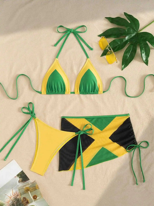 Jamaica Flag Sexy Three Piece Bikini Set | Micro Split Swimsuit Beach Wear - Cake Pops Parties