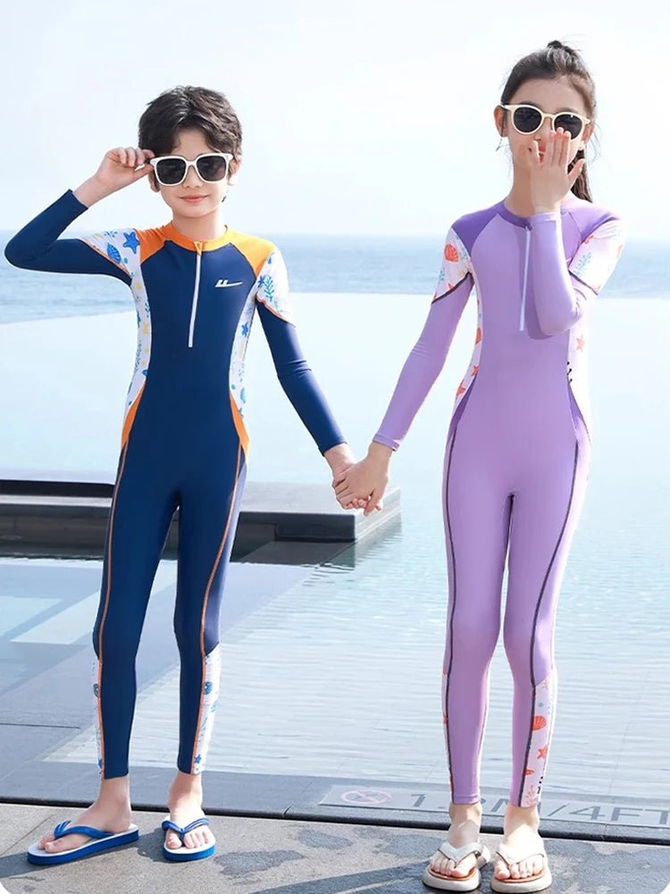 Kids UV Protection One Piece Swimsuit | Long Sleeve Front Zip Unisex - Cake Pops Parties