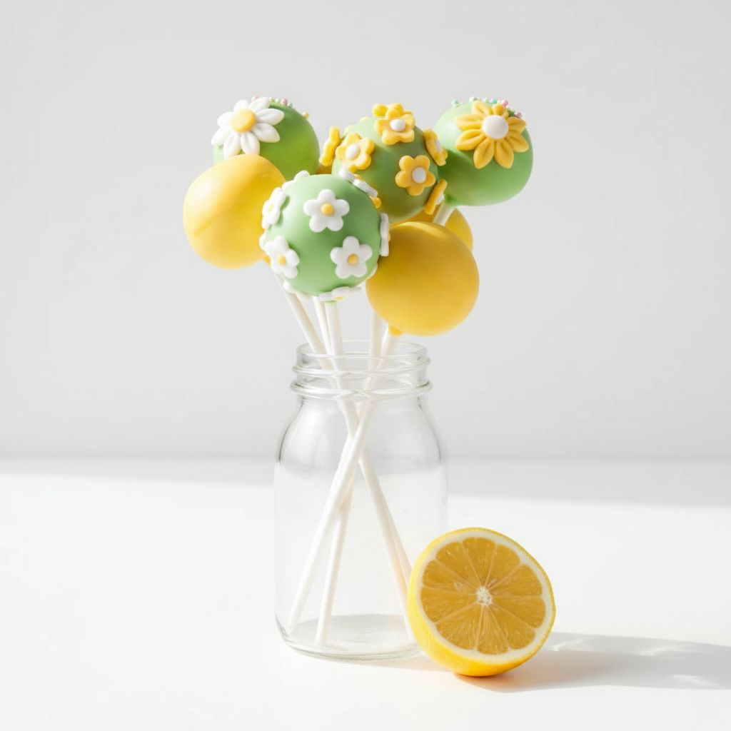 Decorative cake pops with lemon and flower designs in a glass bottle on a white background