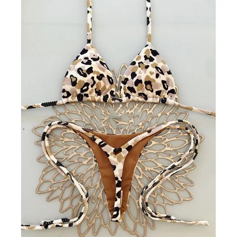 Leopard Print Sexy Bikini Set | Striped Two - Piece Thong Swimsuit | Women - Cake Pops Parties
