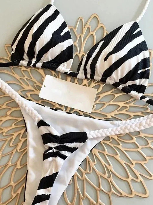 Leopard Print Sexy Bikini Set | Striped Two - Piece Thong Swimsuit | Women - Cake Pops Parties