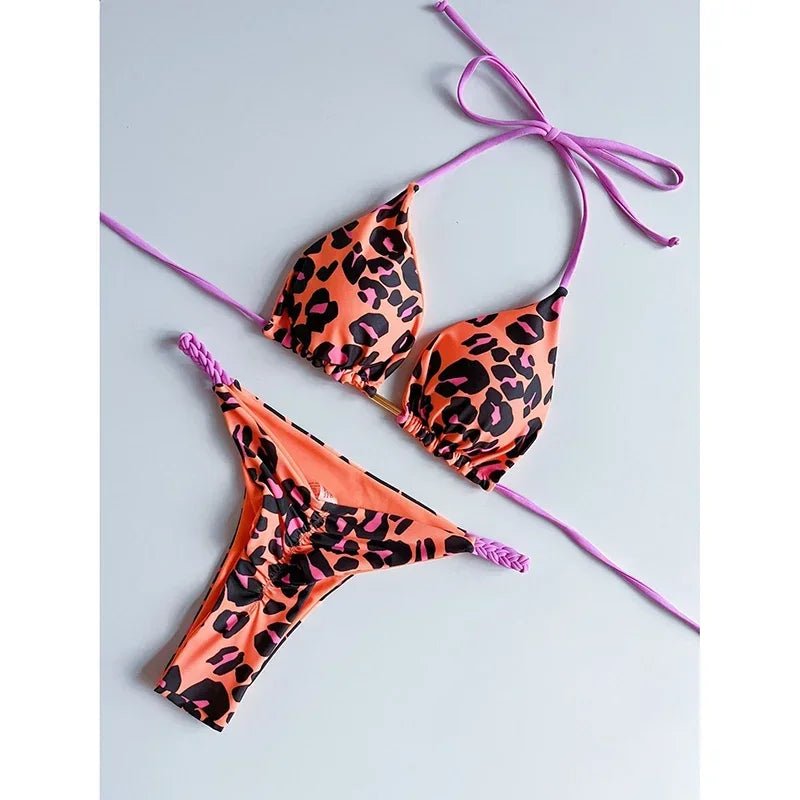 Leopard Print Sexy Bikini Set | Striped Two - Piece Thong Swimsuit | Women - Cake Pops Parties