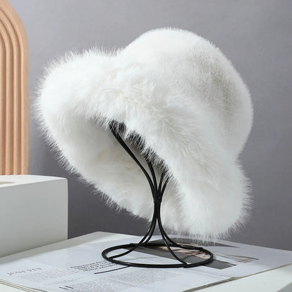 Warm Faux Fur Bucket Hat - Fashionable Outdoor Accessory showcasing a stylish beige faux fur bucket hat.