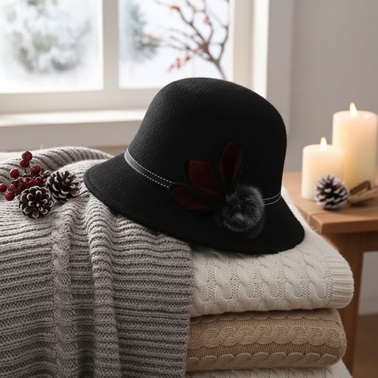 Black hat with decorative red leaf and gray pom-pom on a light blue background