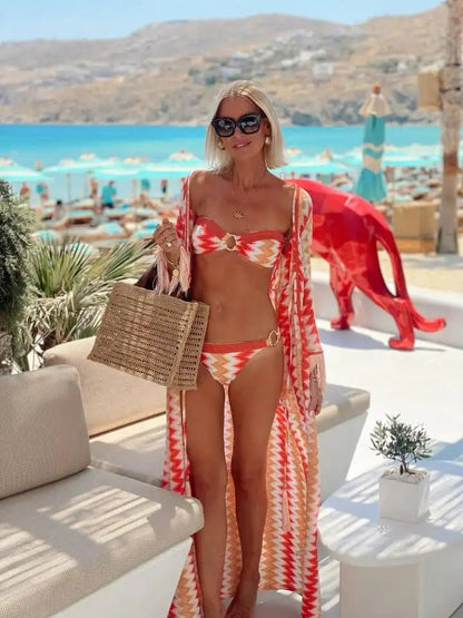 Orange Geometric Print Bikini Set with Cover - Up | Beach & Pool Swimwear - Cake Pops Parties