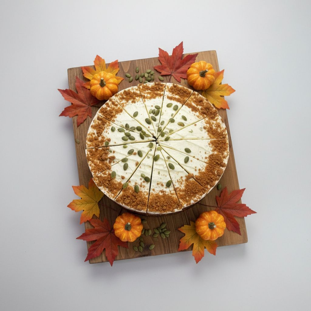 Pumpkin pie with autumn cake decorations on a wooden board
