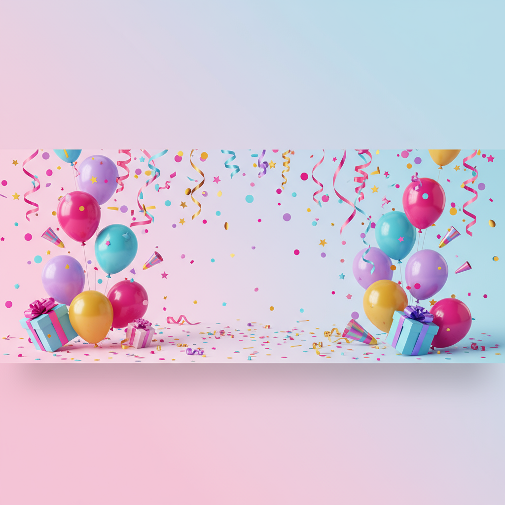 Vibrant party banner with colorful balloons, confetti, and festive decorations