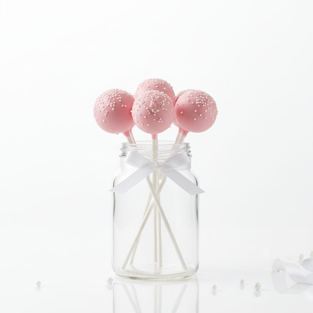 Pink cake pops with white sprinkles in a clear jar on a white background - cake pops parties.