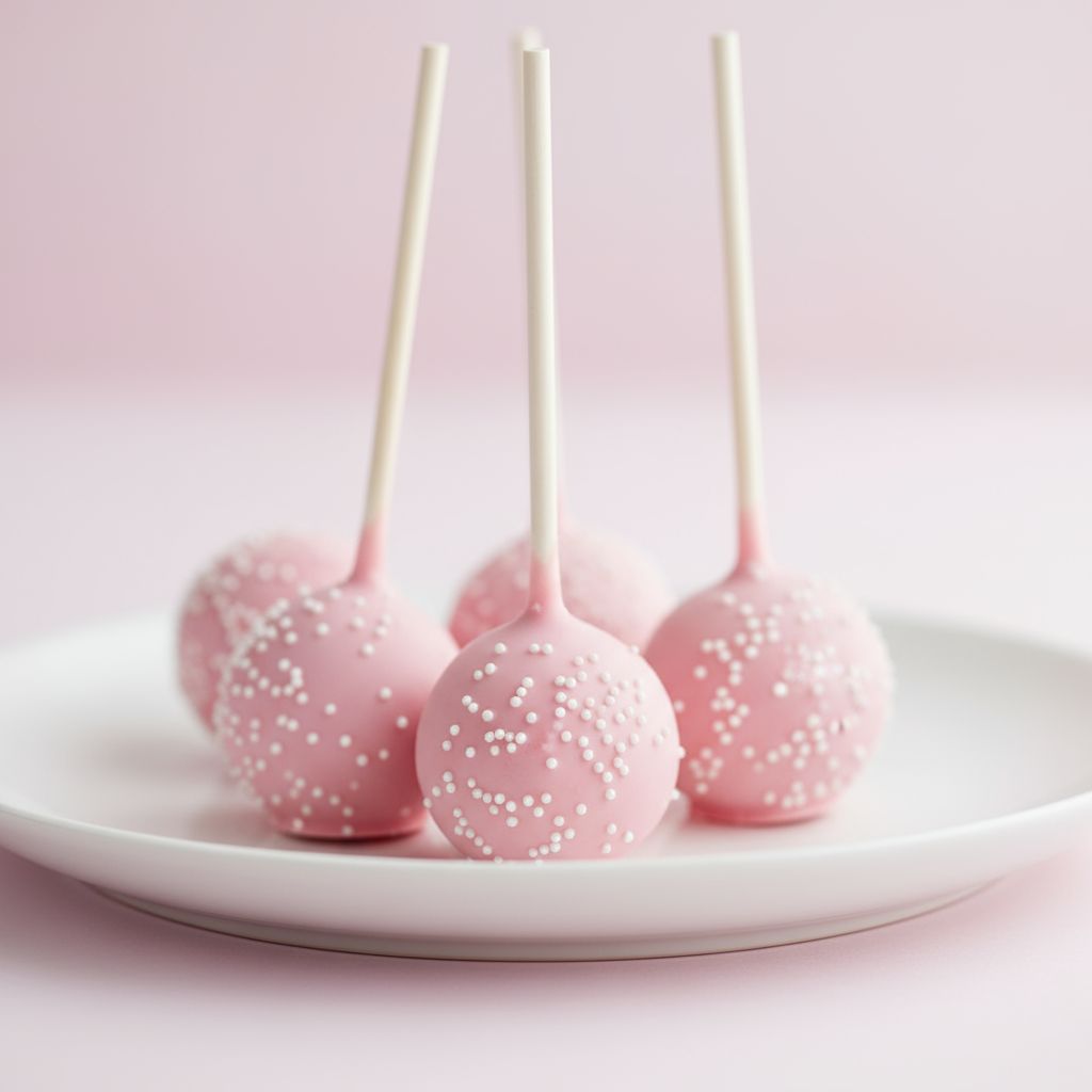 Pink cake pops with white sprinkles on a white plate against a pink background