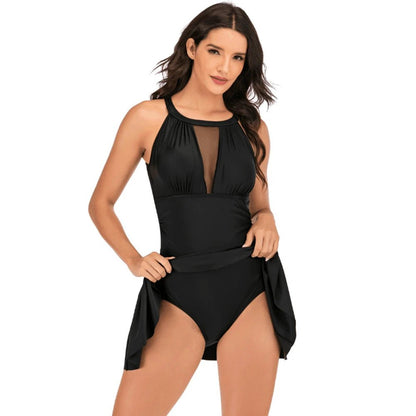 Plus Size One Piece Swimdress with Shorts | Mesh Hollow Design Swimsuit - Cake Pops Parties
