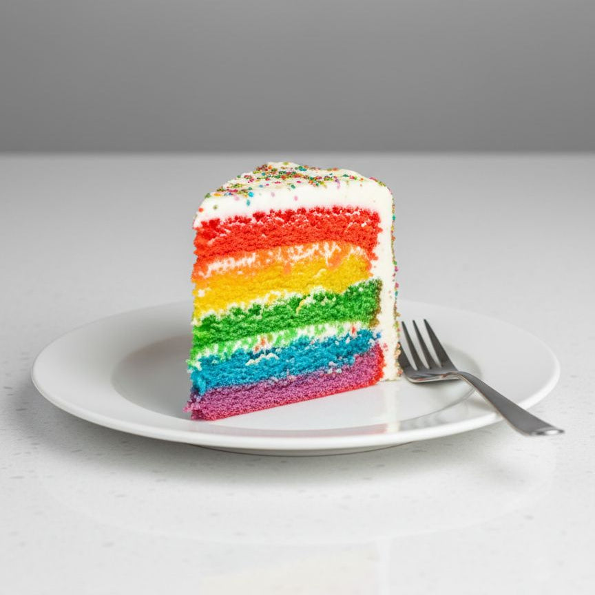 Slice of rainbow cake on a white plate with a fork against a gray background