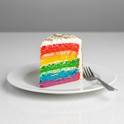 Slice of rainbow cake on a white plate with a fork against a gray background