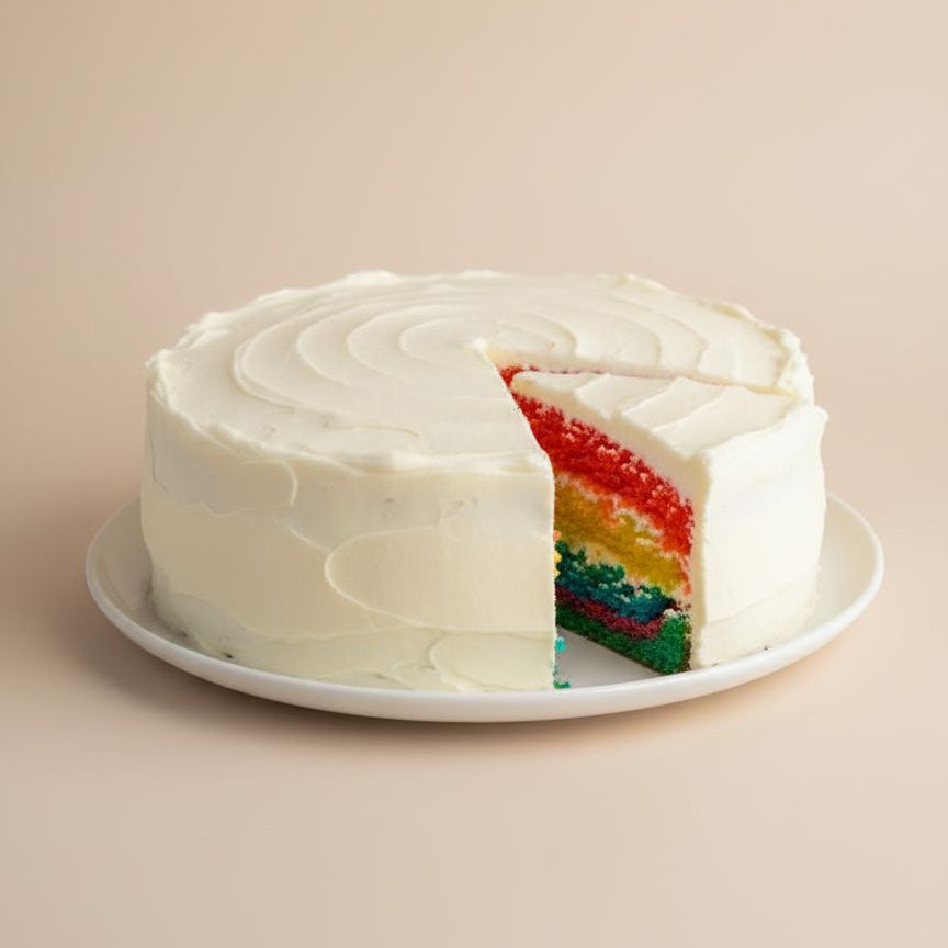Rainbow cake with a slice cut out on a beige background