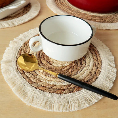 Round Wicker Tassel Placemat - Natural Rattan Weave - Cake Pops Parties