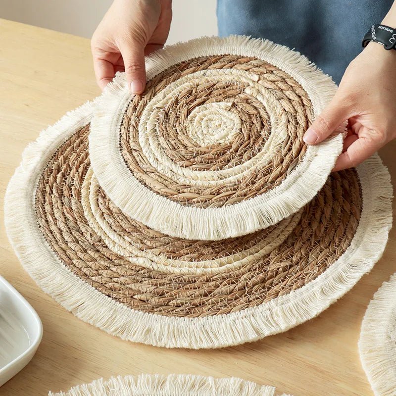 Round Wicker Tassel Placemat - Natural Rattan Weave - Cake Pops Parties