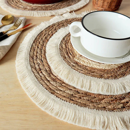 Round Wicker Tassel Placemat - Natural Rattan Weave - Cake Pops Parties