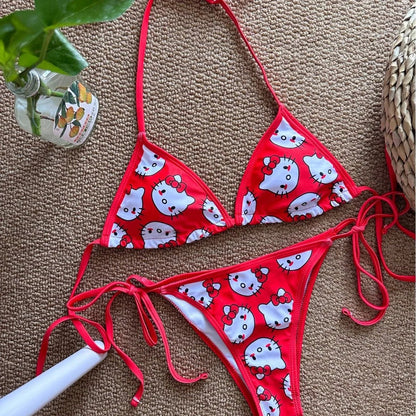 Sanrio Hello Kitty 2Pcs Bikini Set | Y2K Kawaii Strappy Swimwear - Cake Pops Parties