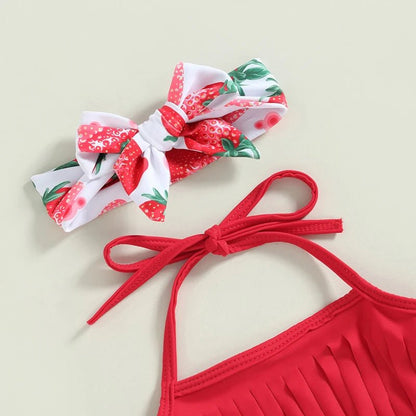 Toddler Girls 3pc Swimsuit | Tassel Top & Strawberry Print Shorts Set - Cake Pops Parties