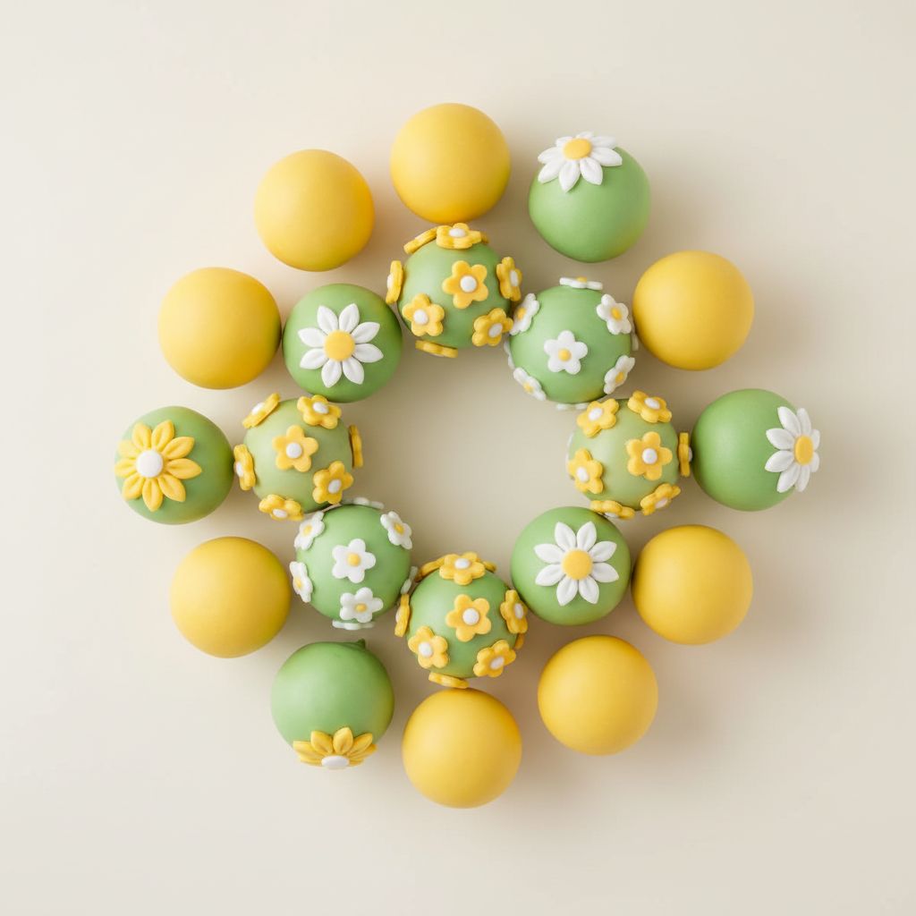 Decorative lemon-green and yellow cake pops with floral designs on a light background