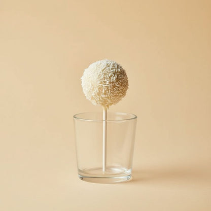Decorative ball on a stick in a clear glass against a beige background