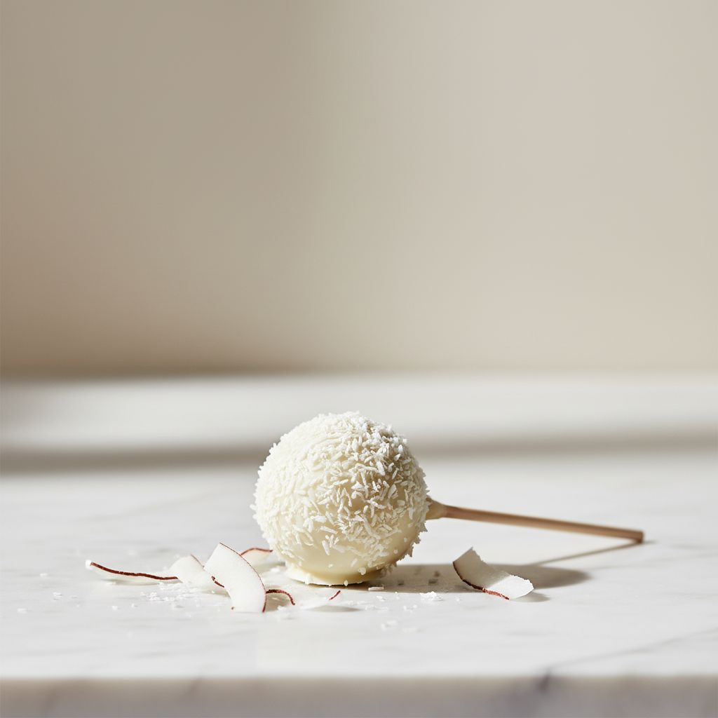 White coconut ball on a light wooden surface with a neutral background