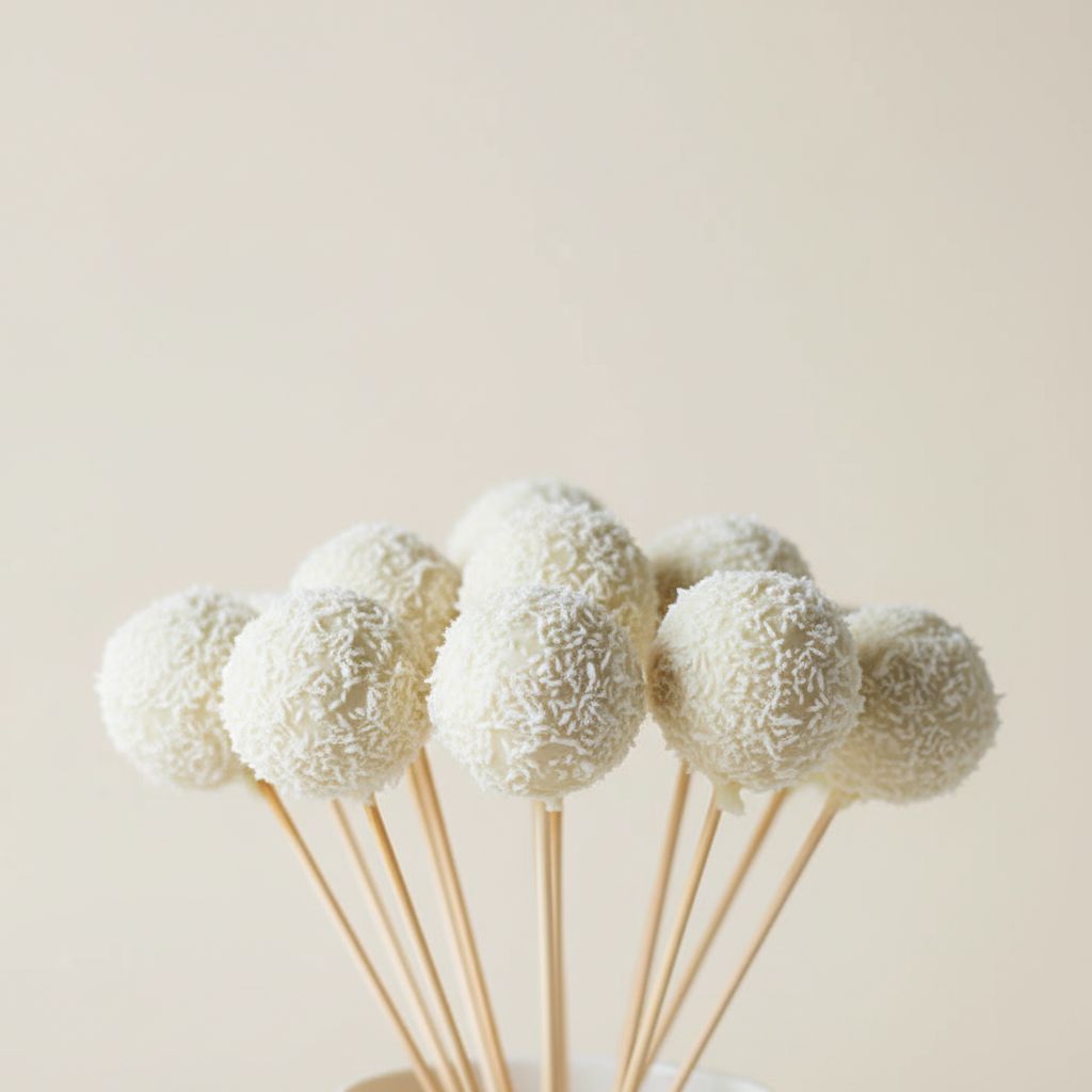 White spherical treats on sticks against a beige background