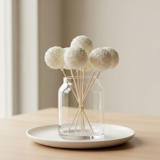 Clear glass vase with decorative coconut cake pop sticks on a white plate against a beige background