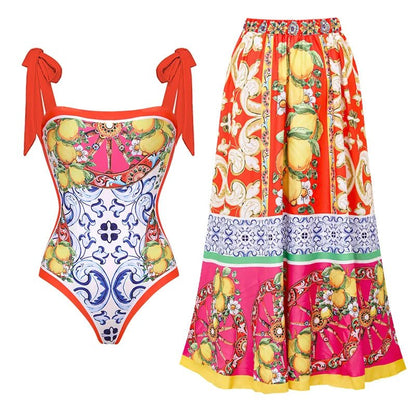 Vintage Style One Piece Swimsuit | Retro Pattern Print | Women's Wear - Cake Pops Parties