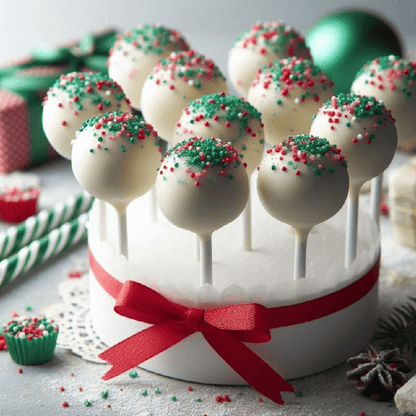 Handcrafted white chocolate cake pops with seasonal sprinkles - premium festive dessert for Christmas parties