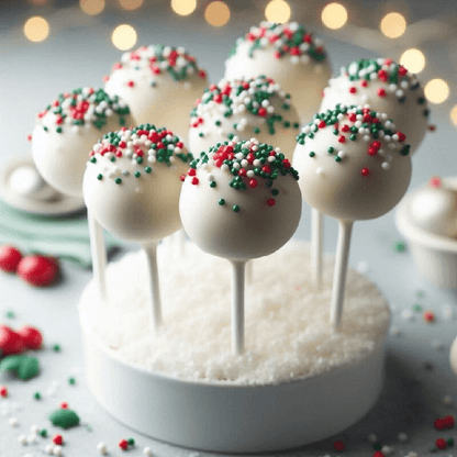 White chocolate Christmas cake pops with colorful festive sprinkles - handmade holiday treats on white sticks