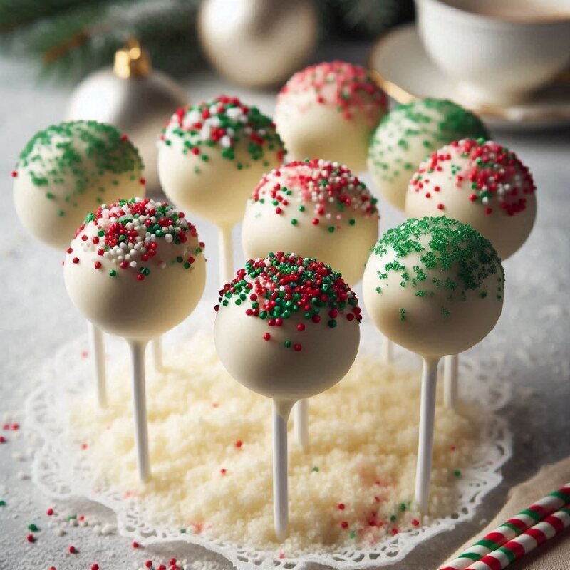 White chocolate Christmas cake pops with colorful festive sprinkles - handmade holiday treats on white sticks