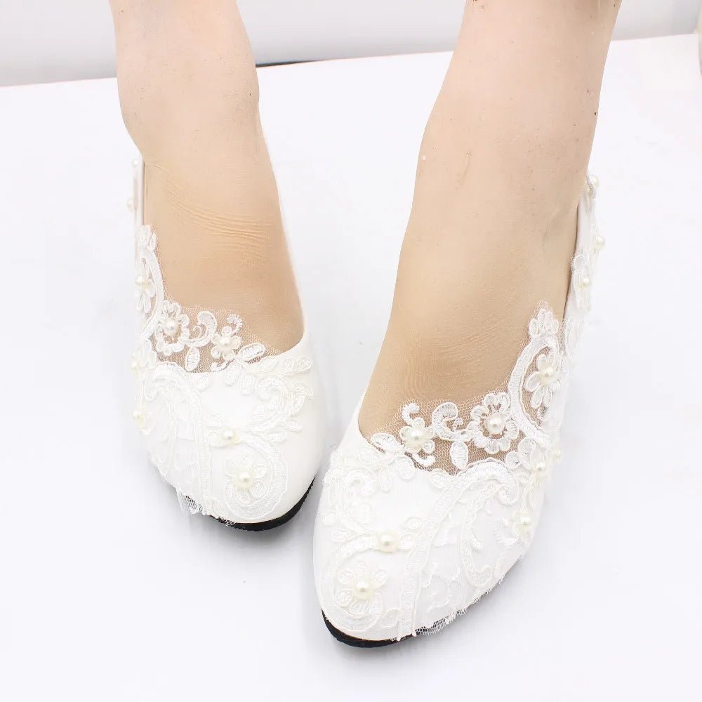 White lace large size women's Bride wedding shoes - Cake Pops Parties