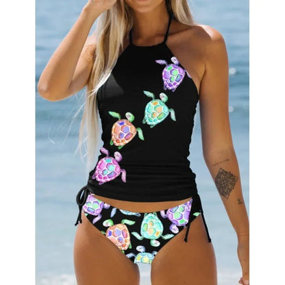 Women's Coconut Print Halter Neck Tankini Set | Drawstring Side Swimsuit - Cake Pops Parties