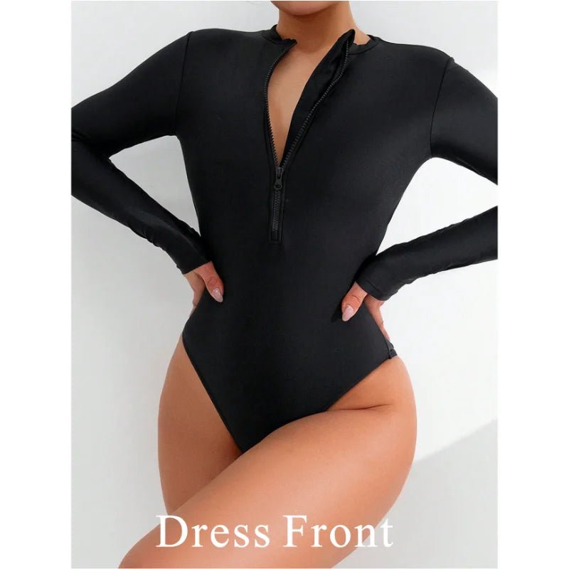Women’s Long Sleeve One Piece Swimsuit Black Front Zipper Surf Wear - Cake Pops Parties