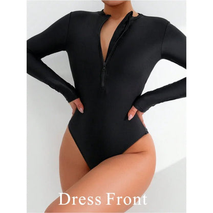 Women’s Long Sleeve One Piece Swimsuit Black Front Zipper Surf Wear - Cake Pops Parties