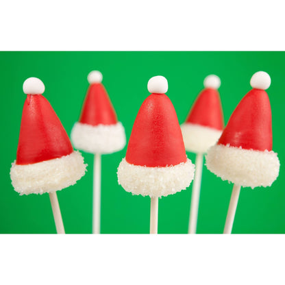 Handmade Christmas Santa hat cake pops with red chocolate coating and white trim