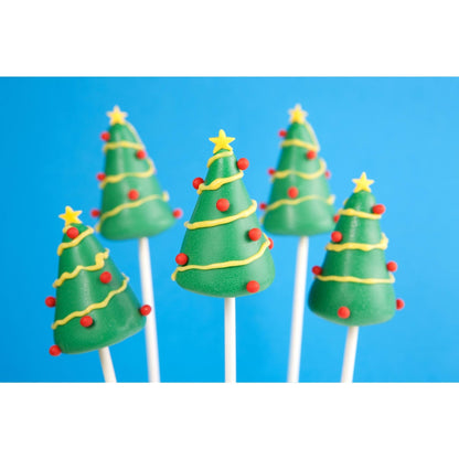 Handmade Christmas tree cake pops with green chocolate coating and festive sprinkles
